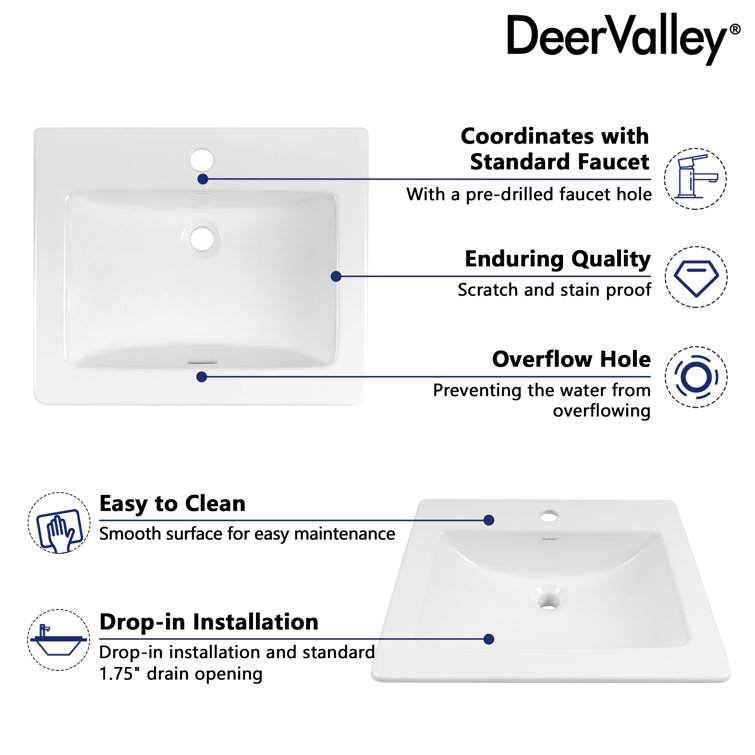 21'' White Gloss Ceramic Rectangular Drop-In Bathroom Sink
