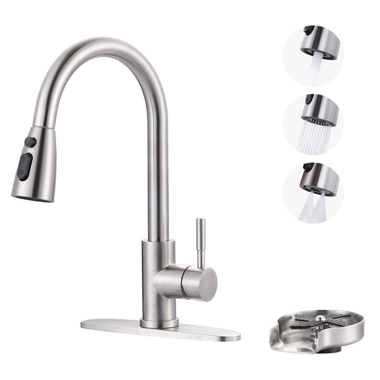 Brushed Nickel Single Handle Pull Down Kitchen Faucet with Glass Rinser