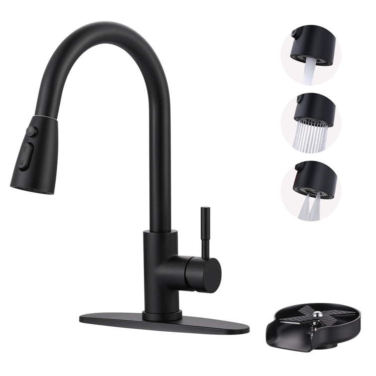 Matte Black Single Handle Pull-Down Kitchen Faucet with Deckplate