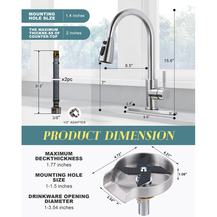 Brushed Nickel Single Handle Pull Down Kitchen Faucet with Glass Rinser