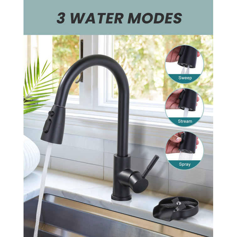 Matte Black Single Handle Pull-Down Kitchen Faucet with Deckplate