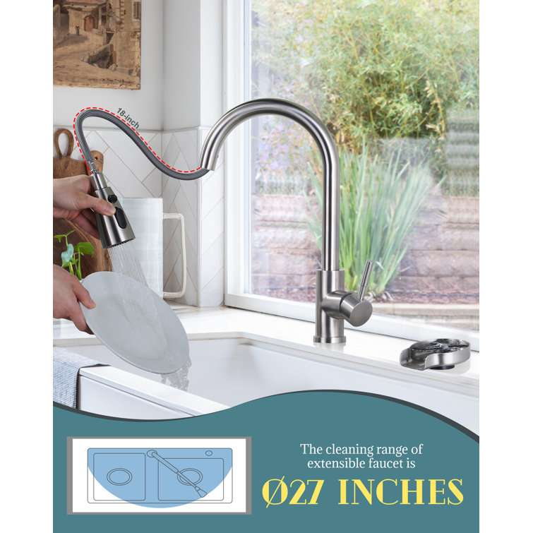 Brushed Nickel Single Handle Pull Down Kitchen Faucet with Glass Rinser