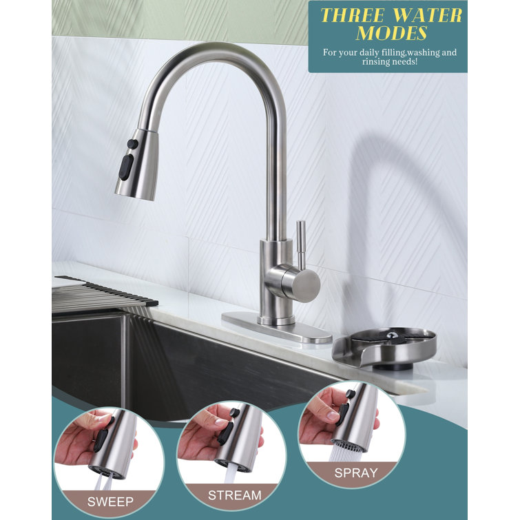 Brushed Nickel Single Handle Pull Down Kitchen Faucet with Glass Rinser