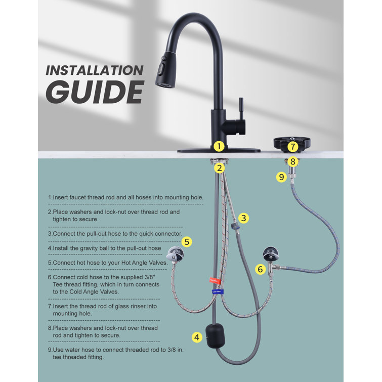 Matte Black Single Handle Pull-Down Kitchen Faucet with Deckplate