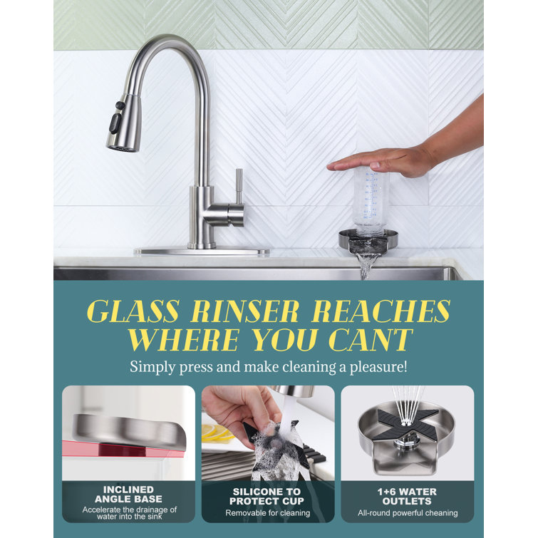 Brushed Nickel Single Handle Pull Down Kitchen Faucet with Glass Rinser