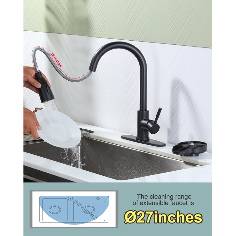 Matte Black Single Handle Pull-Down Kitchen Faucet with Deckplate
