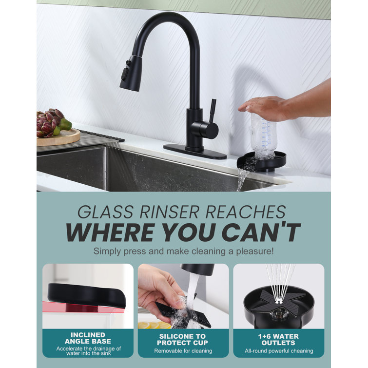 Matte Black Single Handle Pull-Down Kitchen Faucet with Deckplate