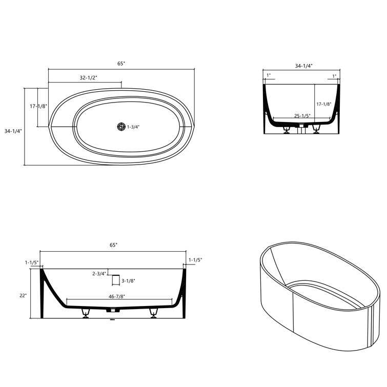 65'' Matte White Solid Surface Freestanding Soaking Bathtub