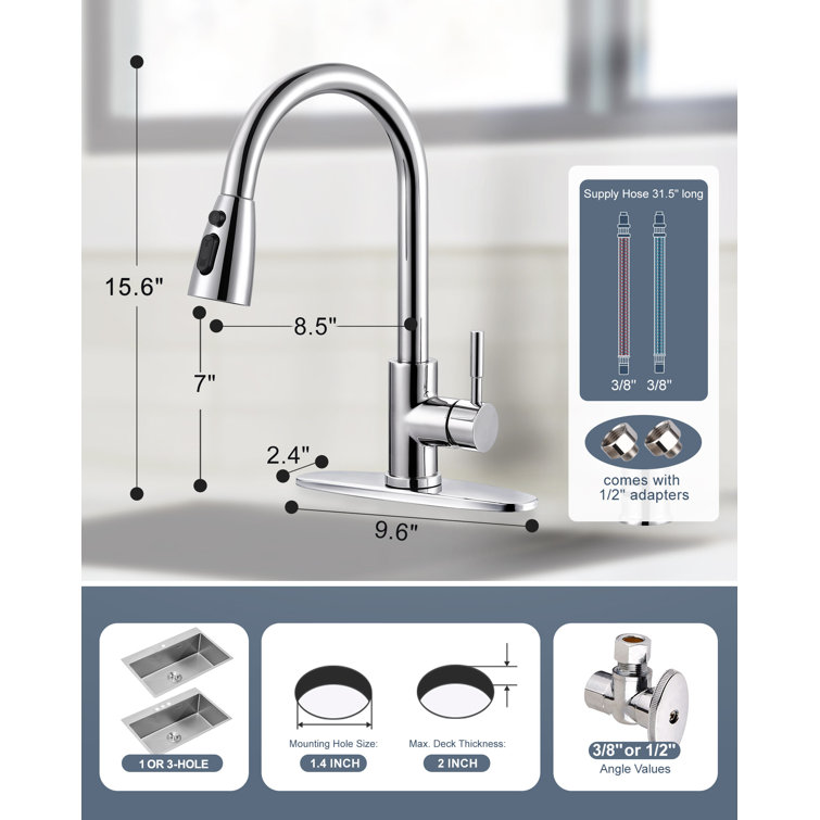 Polished Chrome Stainless Steel Pull-Down Kitchen Faucet with Air Gap Kit