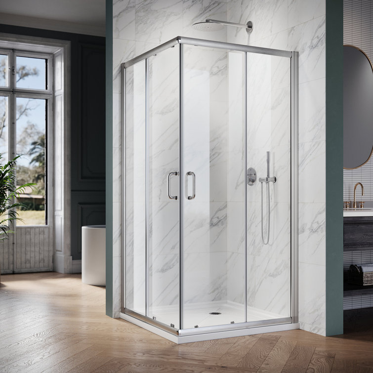 Elegant 34 x 34 x 72 inch Brushed Nickel Corner Shower Enclosure with Clear Glass