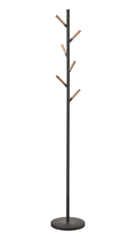 Sleek Yamazaki Black Freestanding Coat Rack with Wood-Tipped Hooks
