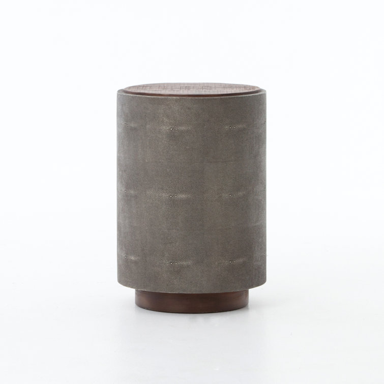 Round Gray Faux Shagreen and Wood Side Table