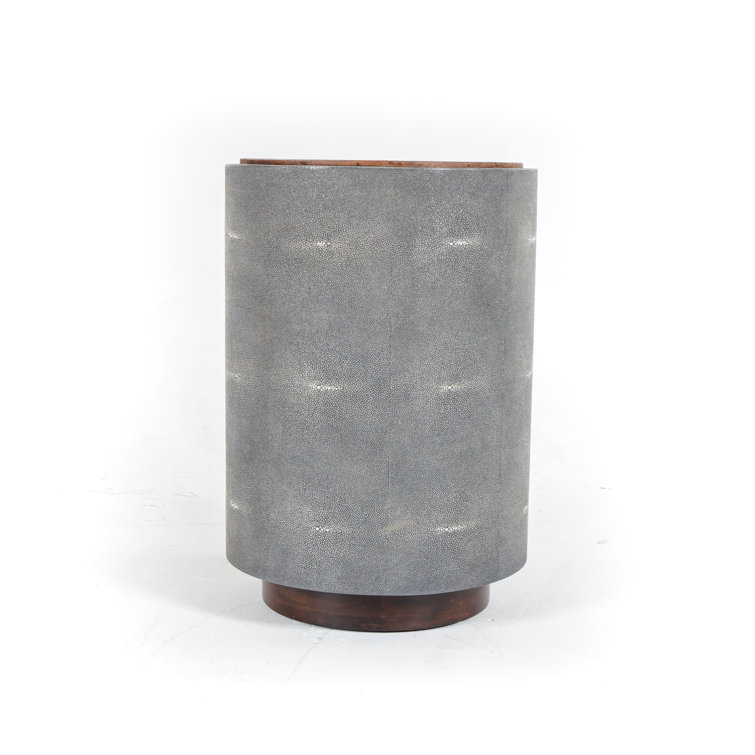 Round Gray Faux Shagreen and Wood Side Table