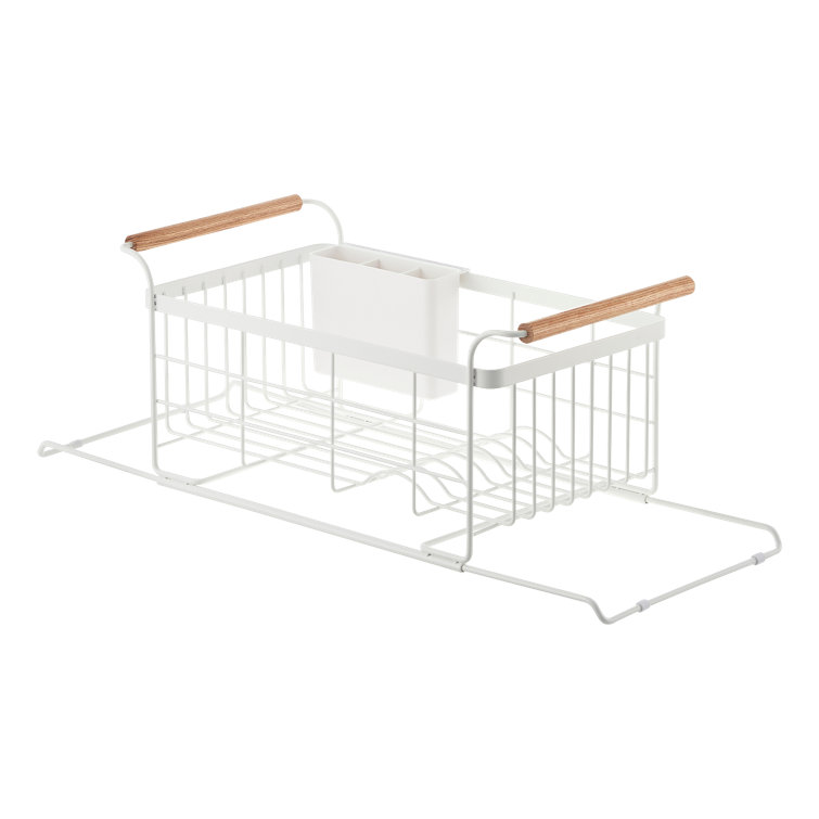 White Metal Over-the-Sink Dish Rack with Wooden Handles