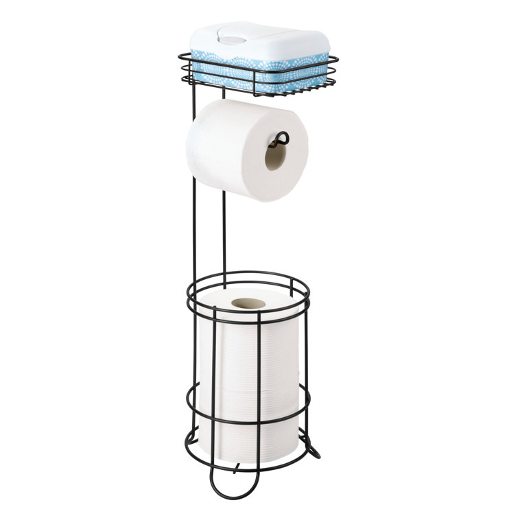 Matte Black Steel Freestanding Toilet Paper Holder with Shelf