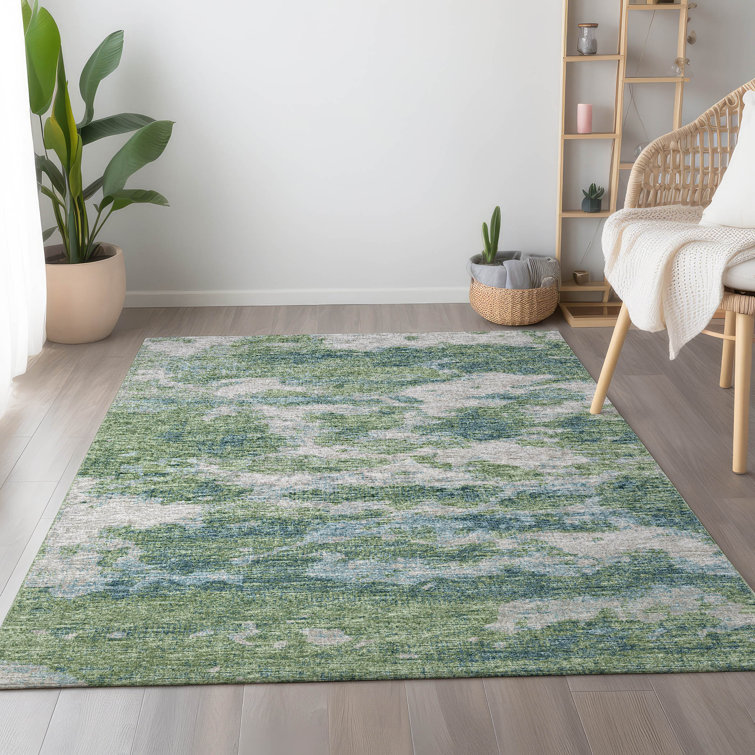 Green and Gray Abstract Chenille 8' x 10' Washable Rug