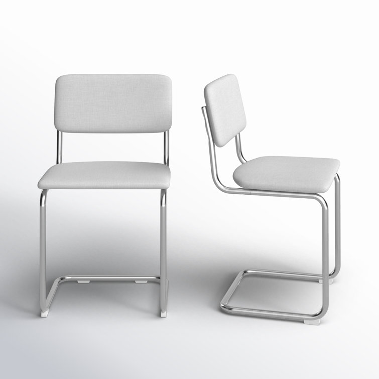 White Linen Upholstered Metal Frame Dining Chairs, Set of 2