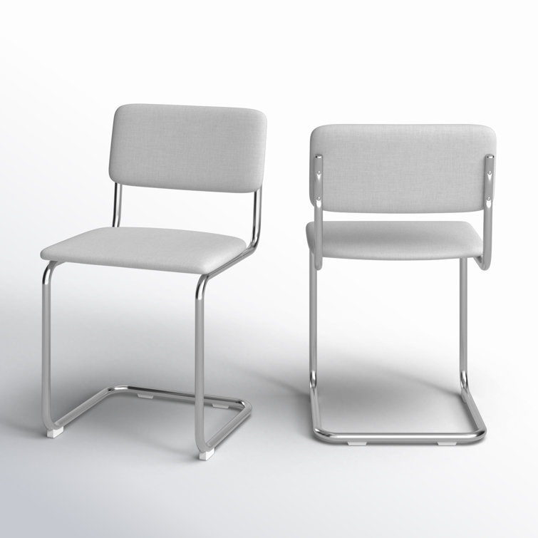 White Linen Upholstered Metal Frame Dining Chairs, Set of 2