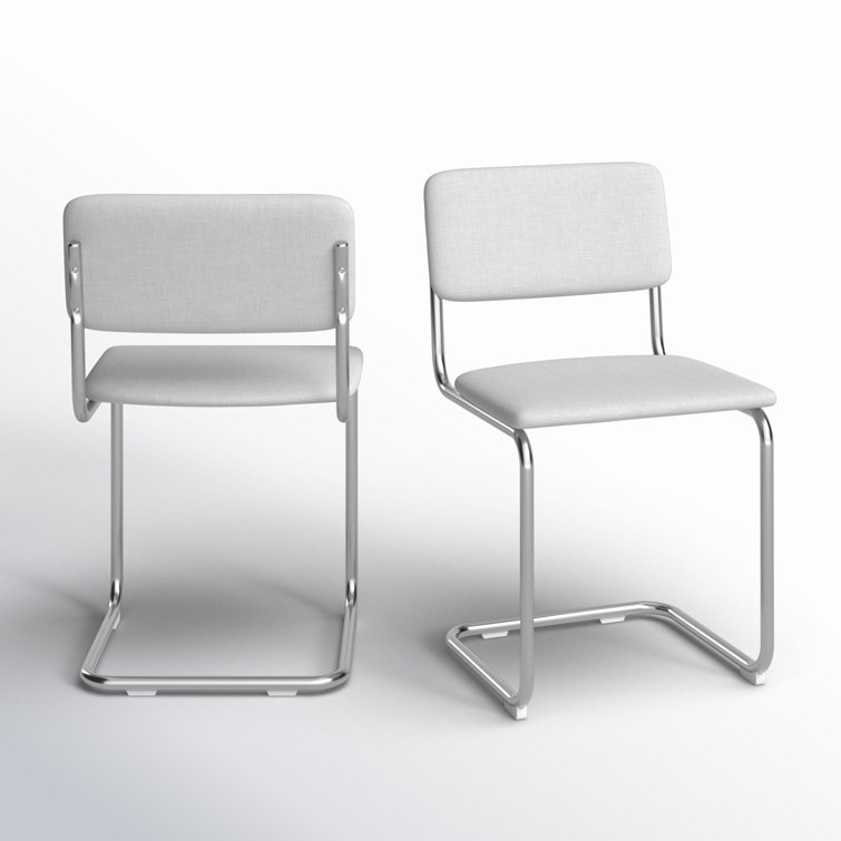 White Linen Upholstered Metal Frame Dining Chairs, Set of 2