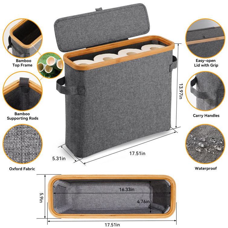 Gray Bamboo and Oxford Cloth Toilet Paper Storage Basket with Lid