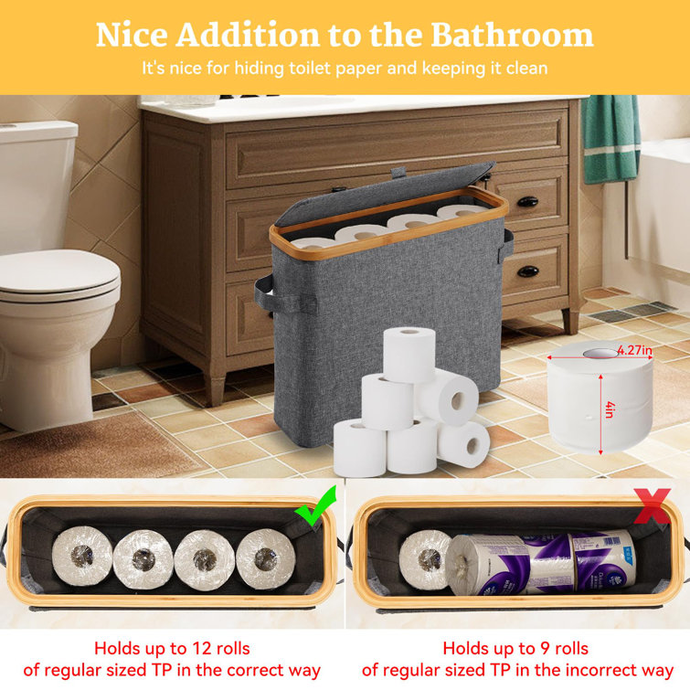 Gray Bamboo and Oxford Cloth Toilet Paper Storage Basket with Lid