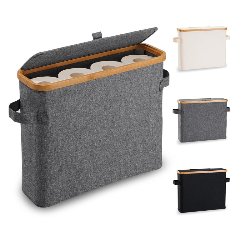 Gray Bamboo and Oxford Cloth Toilet Paper Storage Basket with Lid