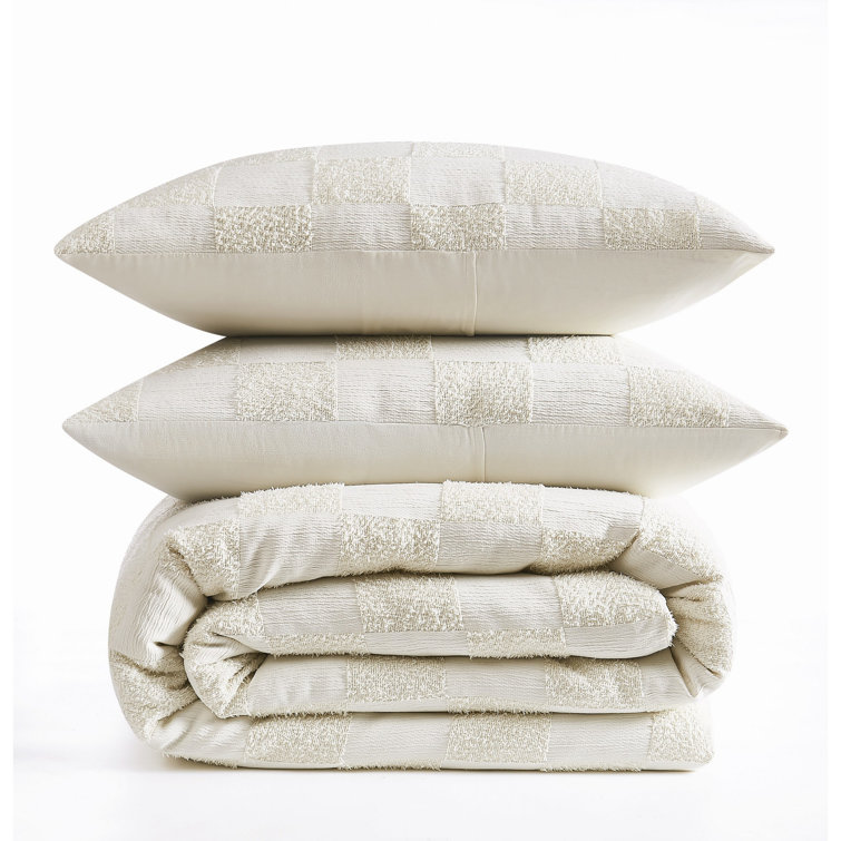 Cream Textured Checkered Queen Duvet Cover Set
