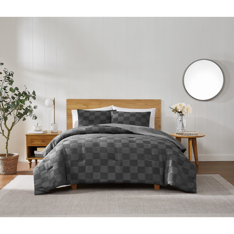 Cream Textured Checkered Queen Duvet Cover Set