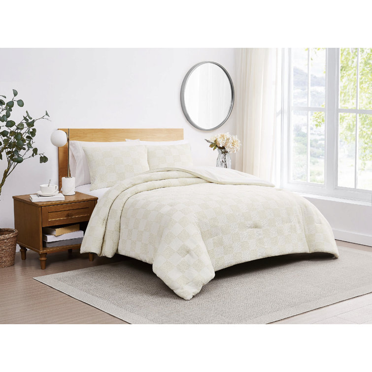Cream Textured Checkered Queen Duvet Cover Set