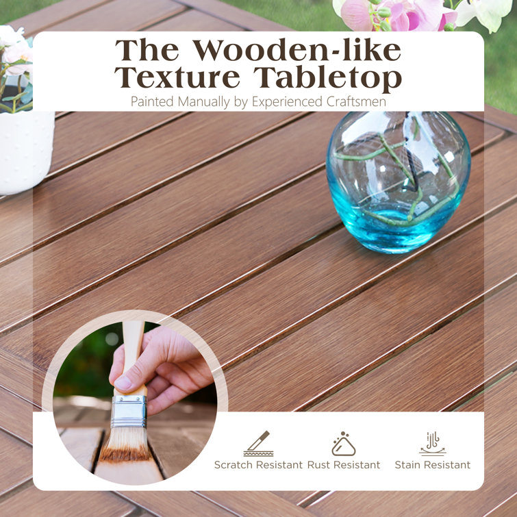 Teak-Grain and Black Metal Outdoor Dining Table for 6