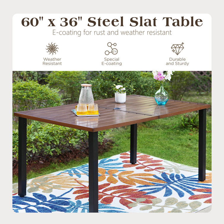 Teak-Grain and Black Metal Outdoor Dining Table for 6