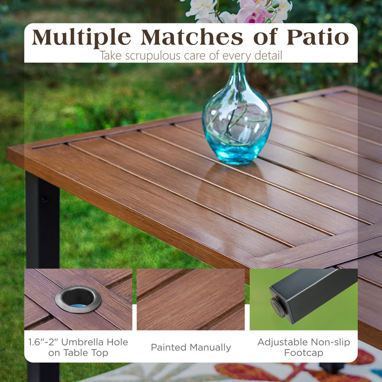Teak-Grain and Black Metal Outdoor Dining Table for 6