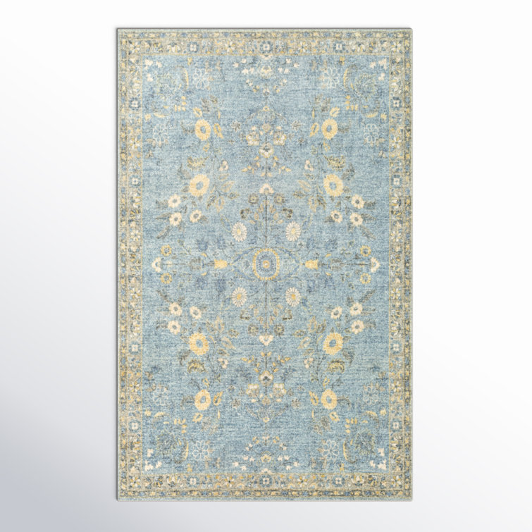 Blue Rectangular Oriental Synthetic Easy Care Rug