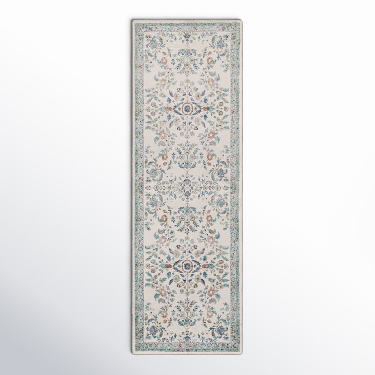 Blue and Cream Floral Synthetic Runner Rug