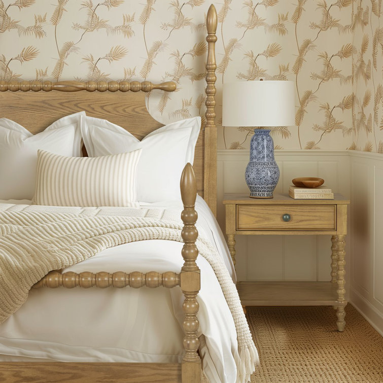 Beckett Natural Wood Queen Poster Bed with Headboard and Drawer