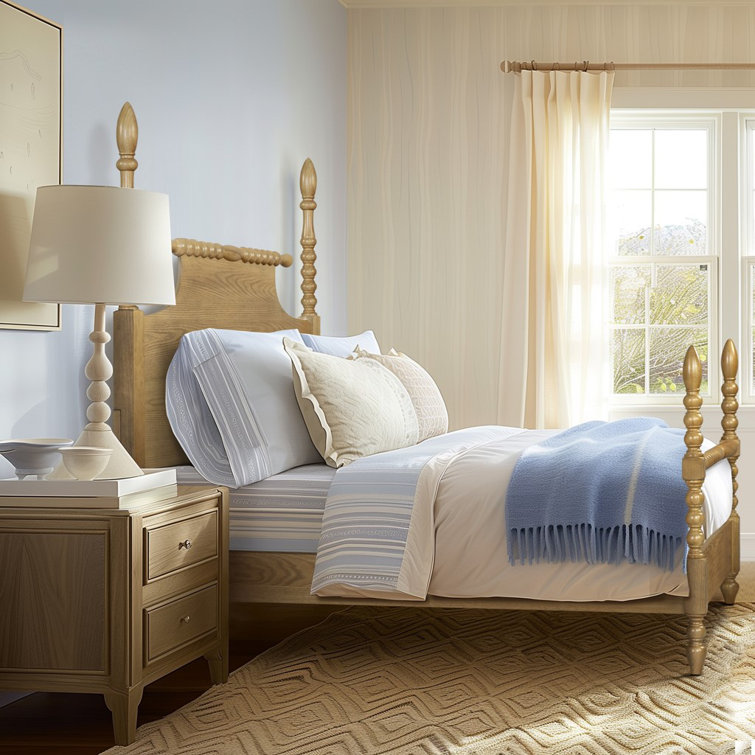 Beckett Natural Wood Queen Poster Bed with Headboard and Drawer
