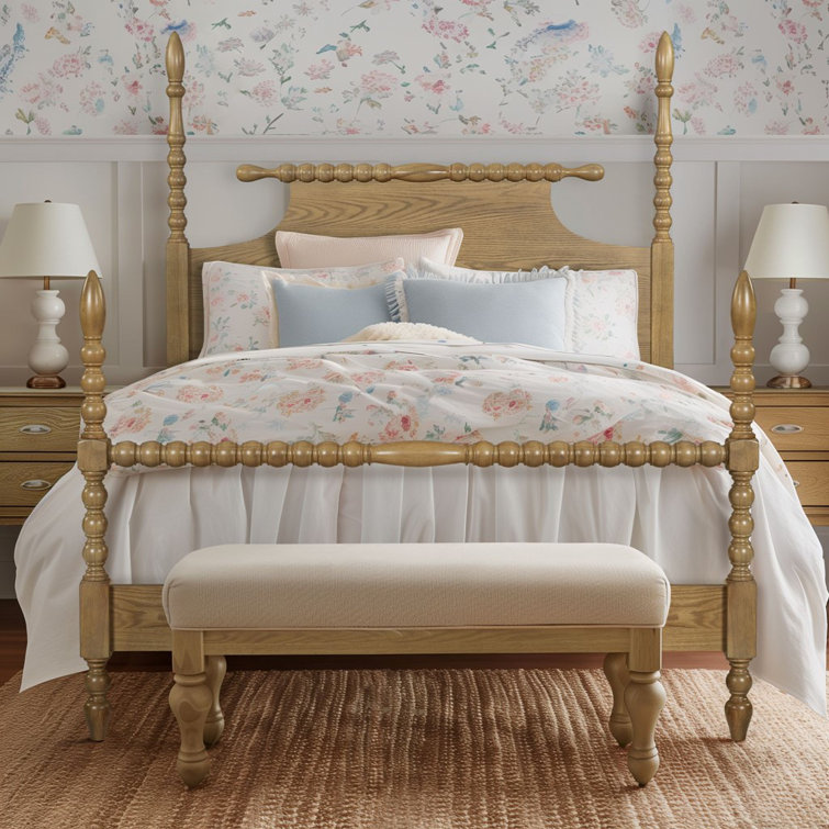 Beckett Natural Wood Queen Poster Bed with Headboard and Drawer