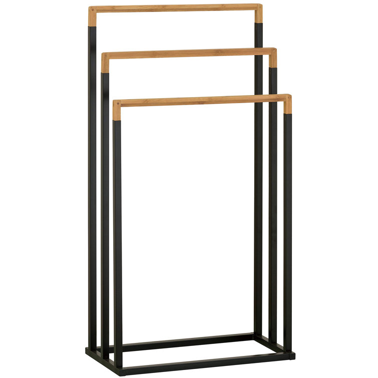 Black Metal and Bamboo 3-Tier Freestanding Towel Rack