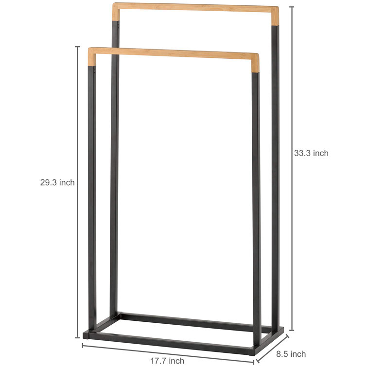 Freestanding Black Metal and Bamboo 2-Tier Towel Rack