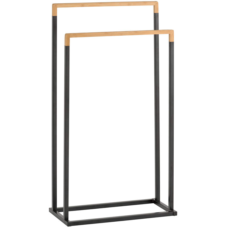 Freestanding Black Metal and Bamboo 2-Tier Towel Rack