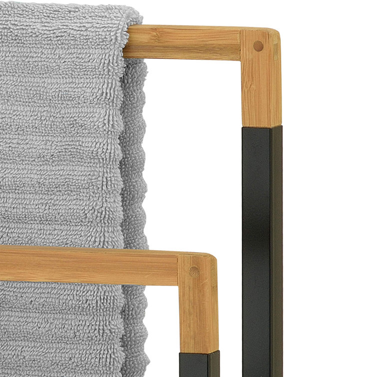 Black Metal and Bamboo 3-Tier Freestanding Towel Rack