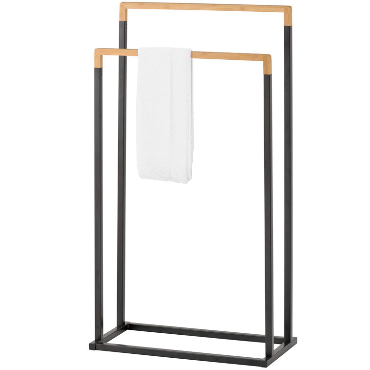 Freestanding Black Metal and Bamboo 2-Tier Towel Rack