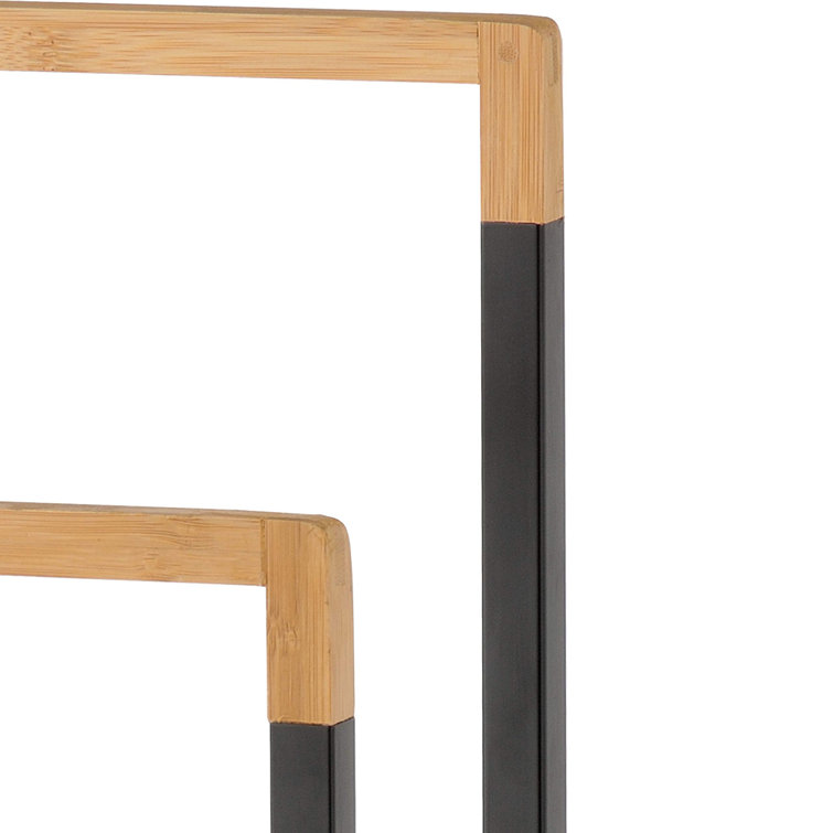 Freestanding Black Metal and Bamboo 2-Tier Towel Rack