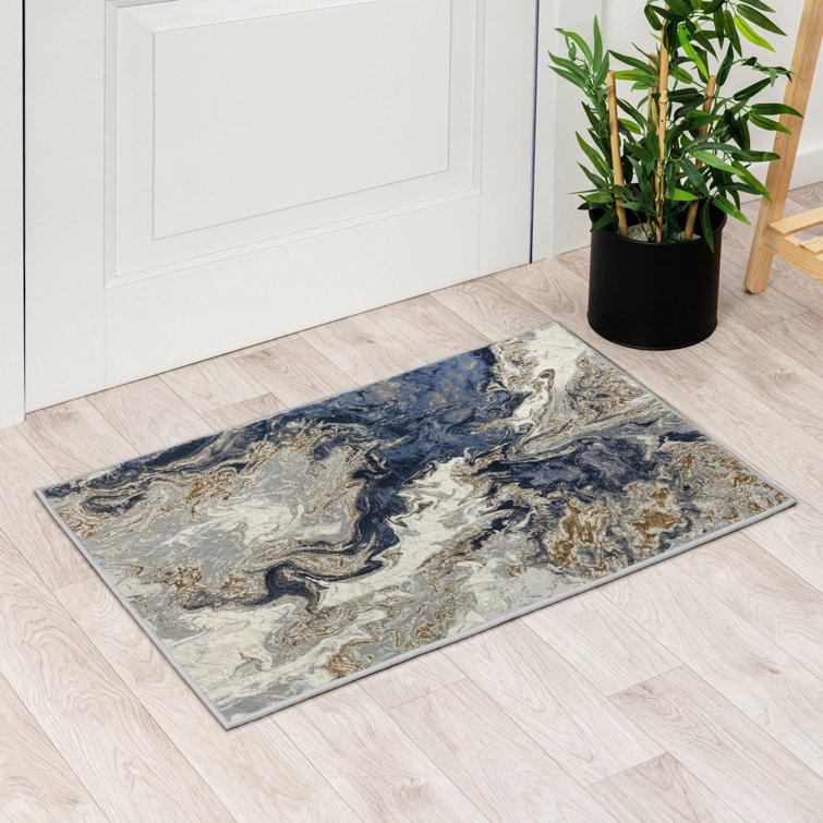 Modern Blue and Gold Abstract Marble Area Rug