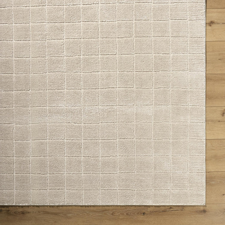 Light Beige Polyester Grid Pattern Runner Rug, 2'7" x 7'3"