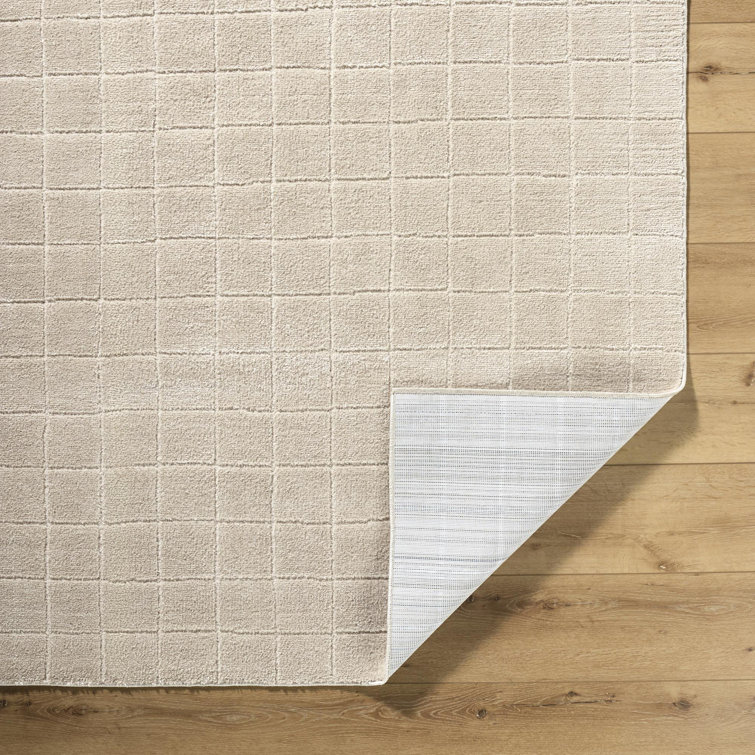 Light Beige Polyester Grid Pattern Runner Rug, 2'7" x 7'3"