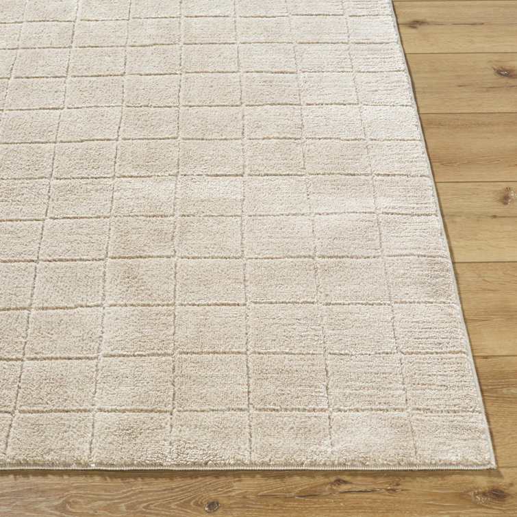 Light Beige Polyester Grid Pattern Runner Rug, 2'7" x 7'3"