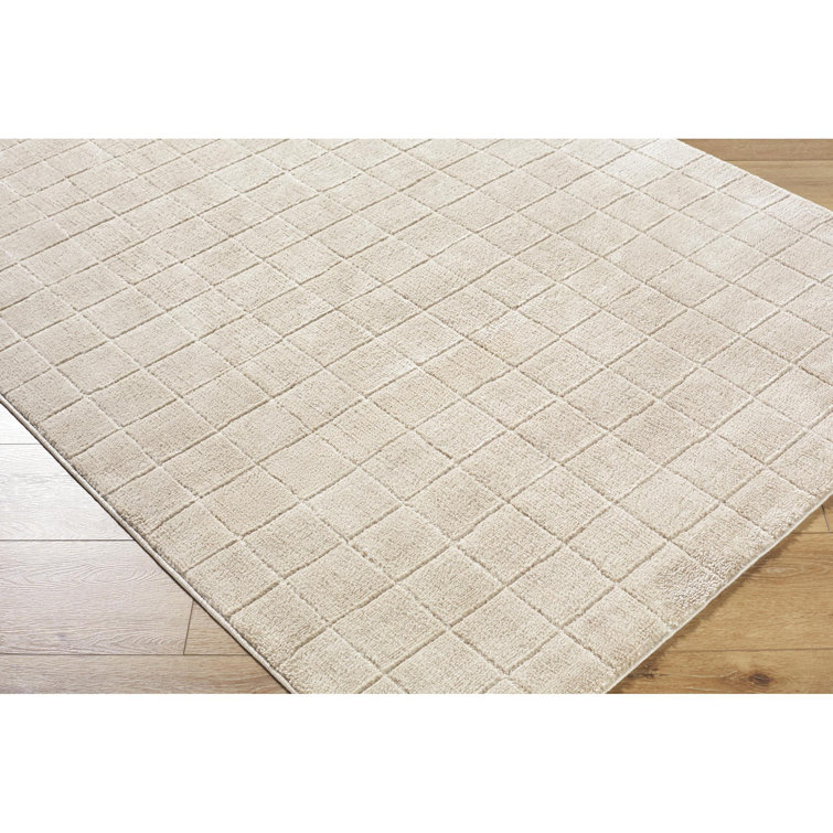 Light Beige Polyester Grid Pattern Runner Rug, 2'7" x 7'3"