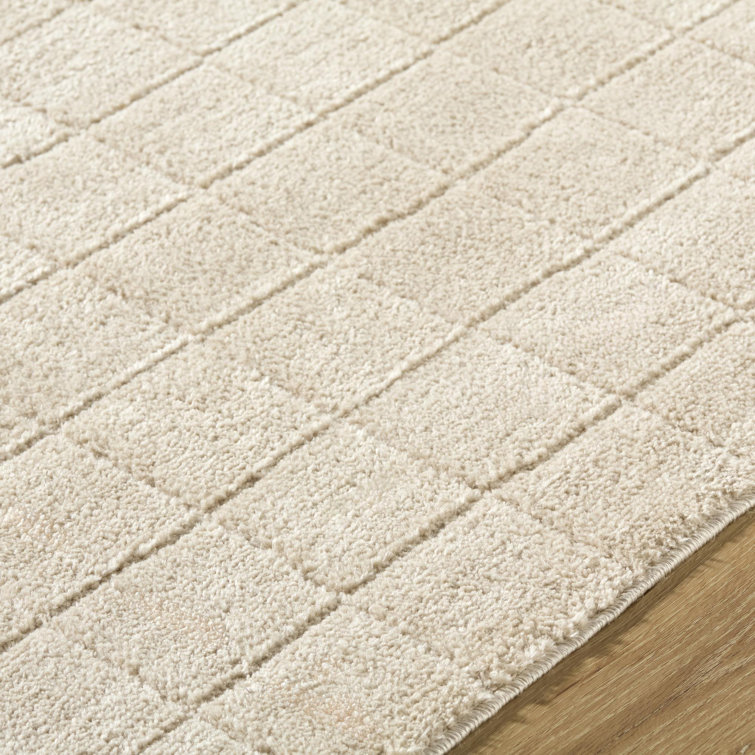 Light Beige Polyester Grid Pattern Runner Rug, 2'7" x 7'3"
