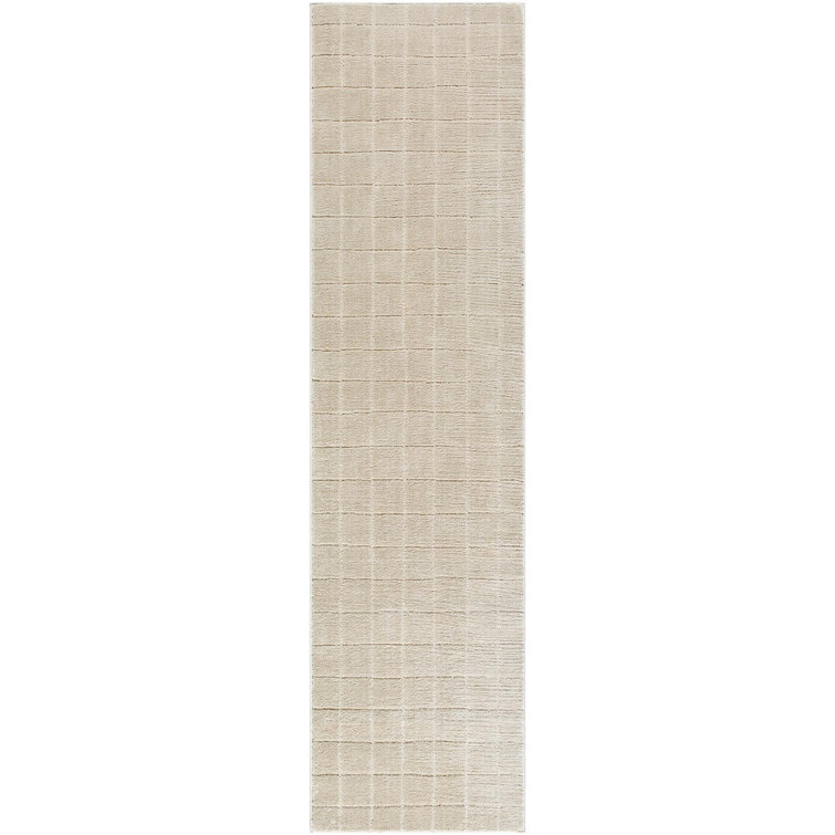 Light Beige Polyester Grid Pattern Runner Rug, 2'7" x 7'3"